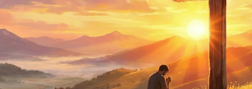 Hands holding a glowing cross with text SUNRISE OF FAITH.