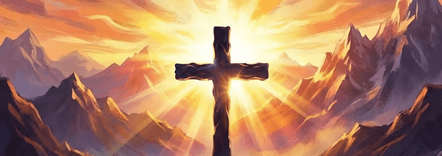 A wooden cross before a mountain sunrise with the text God's Holiness.