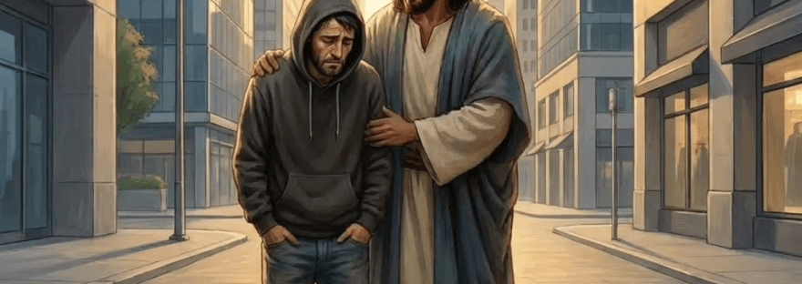 Jesus walks with his arm around a weary man on a narrow cobblestone street.