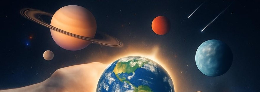 A glowing human hand holding Earth with other planets and stars around it