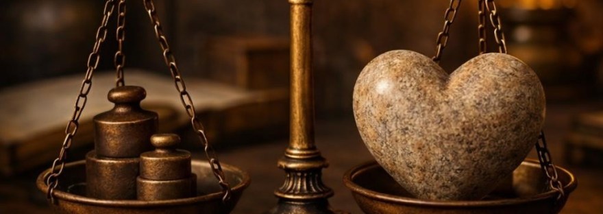 Antique brass balance scale with metal weights on one side and a stone heart on the other