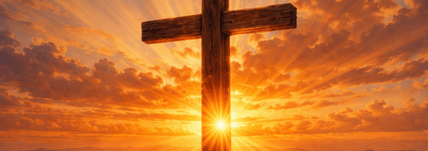 Wooden cross on rocky hill with sun setting and rays of light