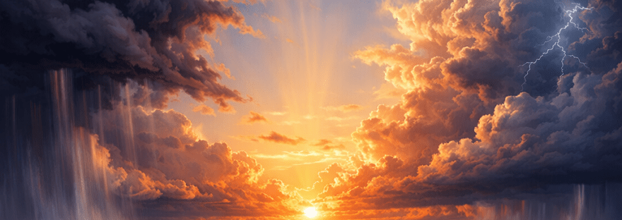 Sun setting over calm ocean with dark storm clouds, rain, and lightning