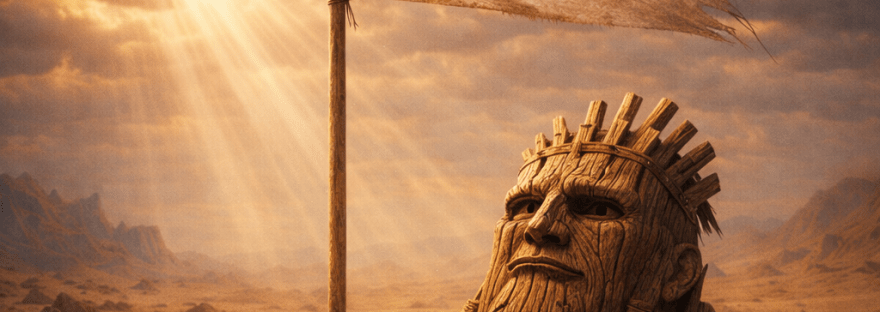 Fragmented wooden statue head and limbs in desert sand under cloudy sky with sun rays