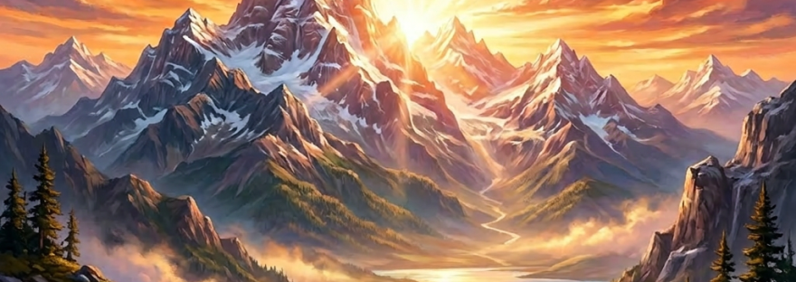 Hiker overlooking river valley with snow-capped mountains and sunrise