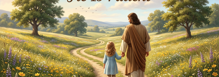 Jesus holding a child's hand walking on a meadow path surrounded by flowers and trees