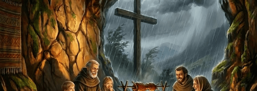 Monk kneeling and praying by a wooden cross inside a dark cave during a storm